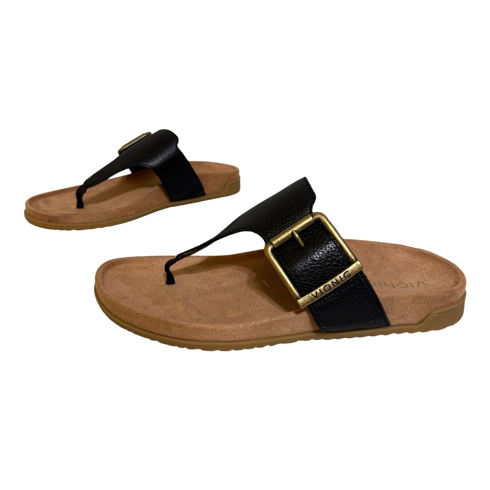 Vionic Womens Emma Sandal 8 Wide Black Leather Buckle Thong Slide Orthotic Boho